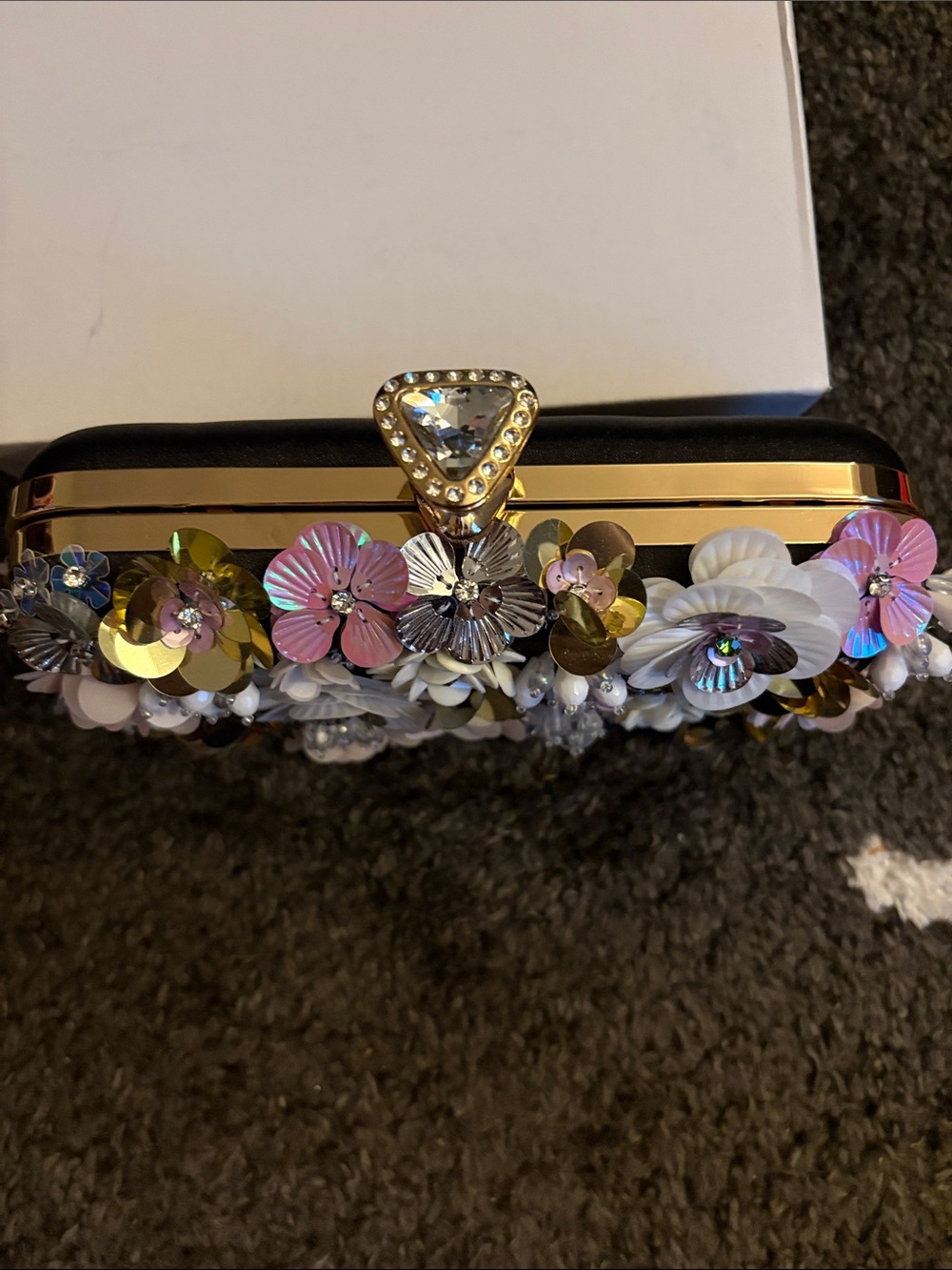 NEW BEBE  Multicolor Floral Sequin Embellished Evening Clutch with Gold Handle - Picture 14 of 14